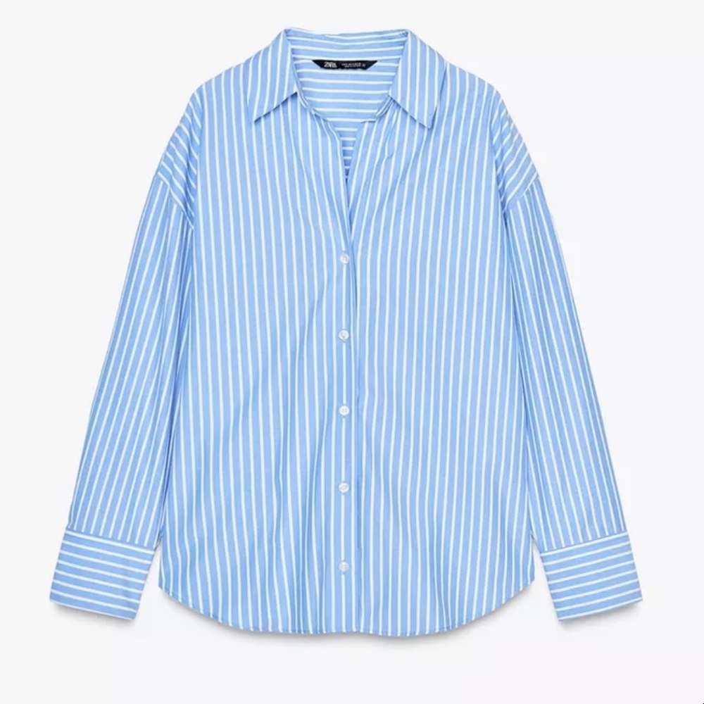Zara Light Blue and White Striped Button-Up Shirt